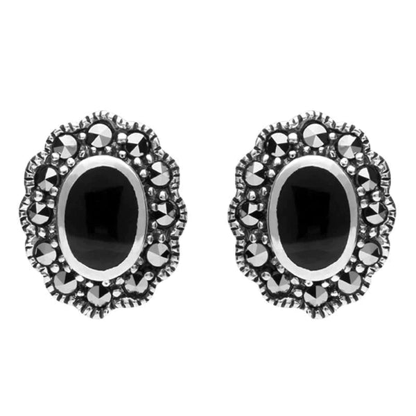 Sterling Silver Whitby Jet Marcasite Oval Beaded Edge Stud Earrings E1632