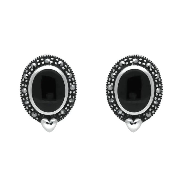 Sterling Silver Whitby Jet Marcasite Oval Framed Stud Earrings. E876. 
