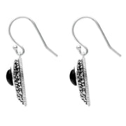 Sterling Silver Whitby Jet Marcasite Oval Swirl Heart Hook Earrings E2304