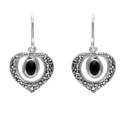 Sterling Silver Whitby Jet Marcasite Oval Swirl Heart Hook Earrings E2304
