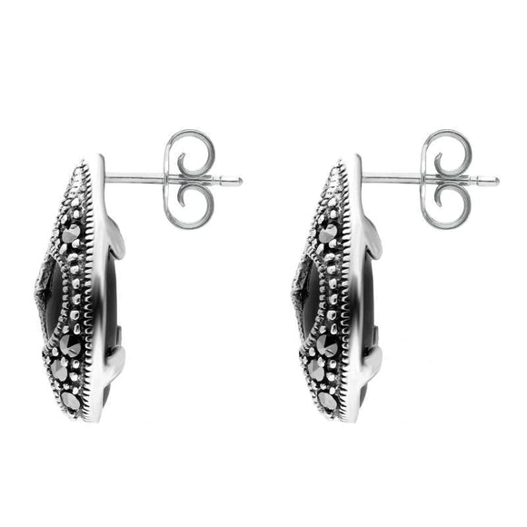 Sterling Silver Whitby Jet Marcasite Pear Shaped Stud Earrings. E2238.
