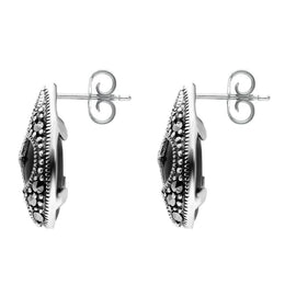 Sterling Silver Whitby Jet Marcasite Pear Shaped Stud Earrings. E2238.