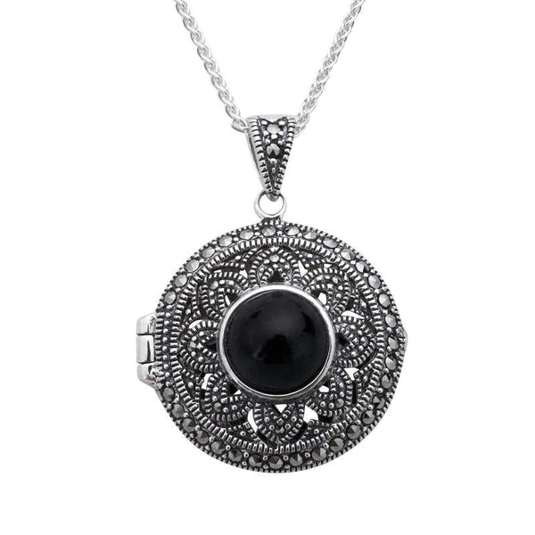 Sterling Silver Whitby Jet Marcasite Round Floral Locket Necklace P2150