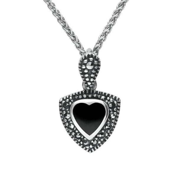 Sterling Silver Whitby Jet Marcasite Triangle Heart Necklace P1321