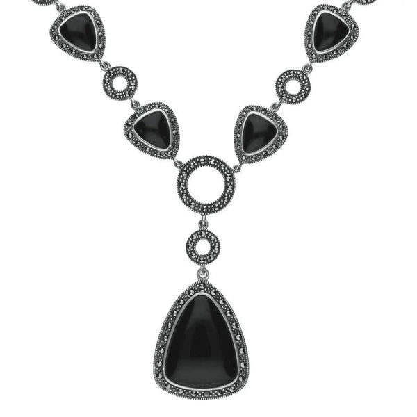 Sterling Silver Whitby Jet Marcasite Triangular Thirteen Stone Necklace, N995.