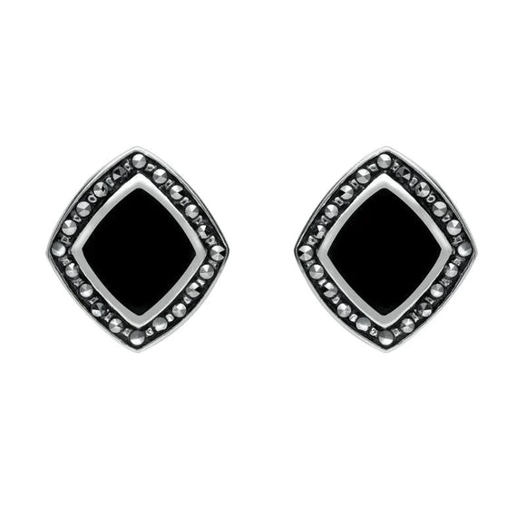 Sterling Silver Whitby Jet Marcasite Wide Rhombus Framed Stud Earrings. E936.