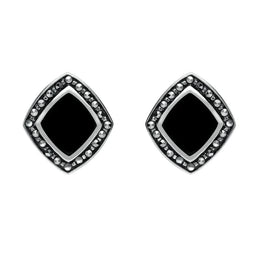 Sterling Silver Whitby Jet Marcasite Wide Rhombus Framed Stud Earrings. E936.