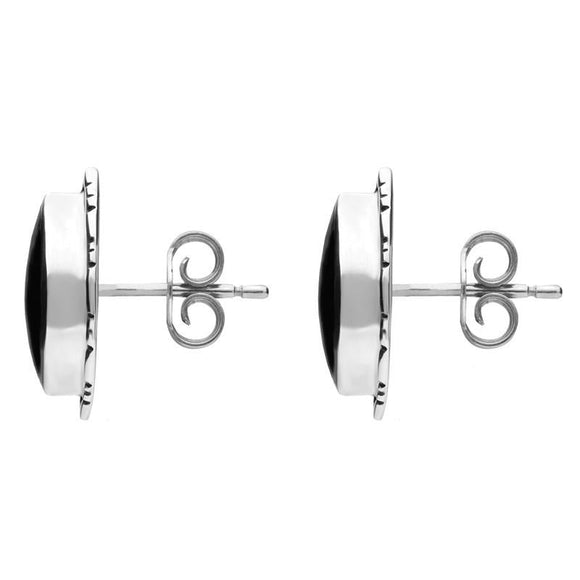 Sterling Silver Whitby Jet Marquise Beaded Edge Stud Earrings. E136. 