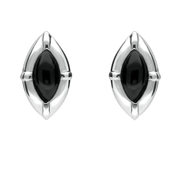 Sterling Silver Whitby Jet Marquise Beaded Edge Stud Earrings E1615