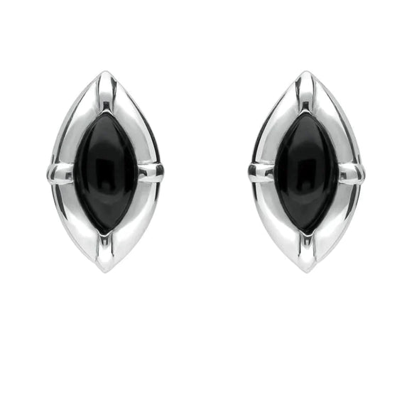 Sterling Silver Whitby Jet Marquise Beaded Edge Stud Earrings E1615