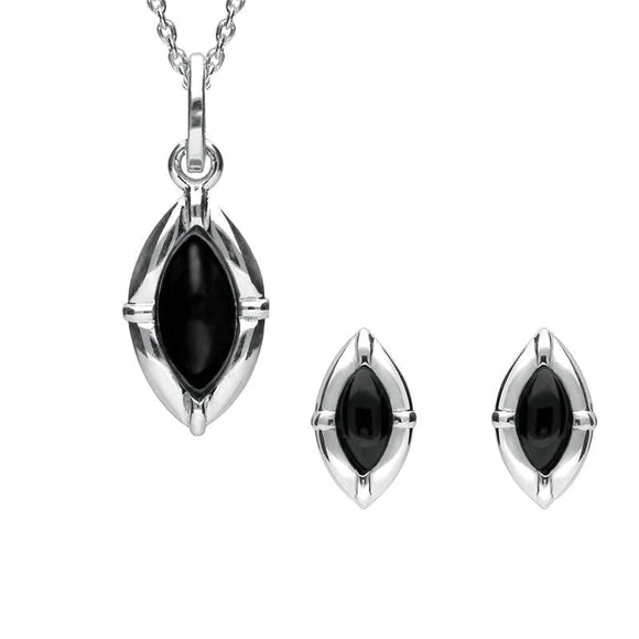 Sterling Silver Whitby Jet Marquise Beaded Edge Two Piece Set. s039