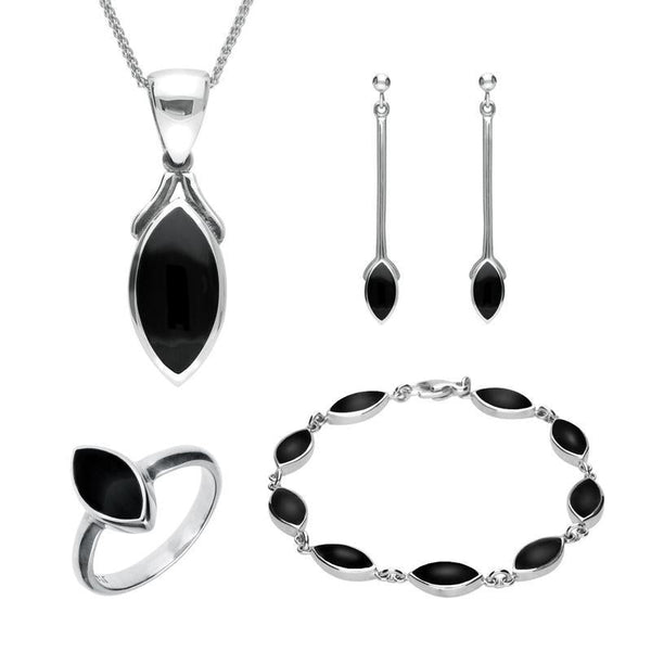 Sterling Silver Whitby Jet Marquise Four Piece Set. S010 