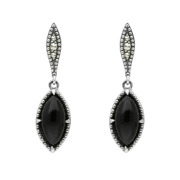 Sterling Silver Whitby Jet Marquise Long Drop Earrings E1702