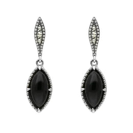 Sterling Silver Whitby Jet Marquise Long Drop Earrings E1702