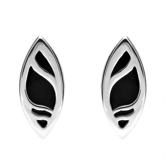 Sterling Silver Whitby Jet Marquise Shaped Ripple Stud Earrings E478