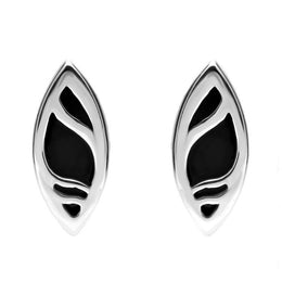 Sterling Silver Whitby Jet Marquise Shaped Ripple Stud Earrings E478