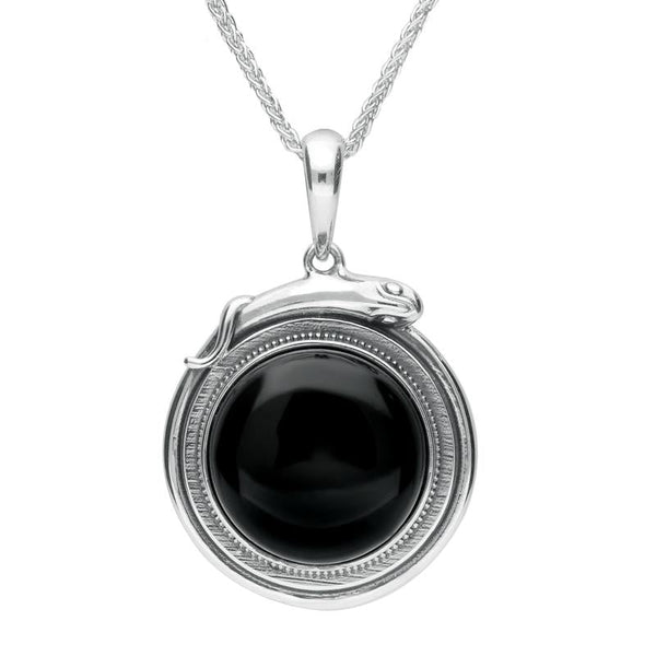 Sterling Silver Whitby Jet Medium Round Snake Edge Necklace P3310