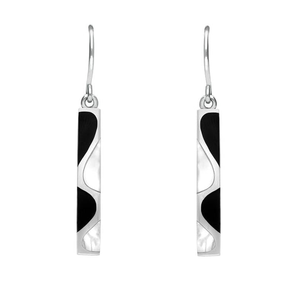 Sterling Silver Whitby Jet Mother of Pearl 4 Stone Slim Hook Drop Earrings. E555.