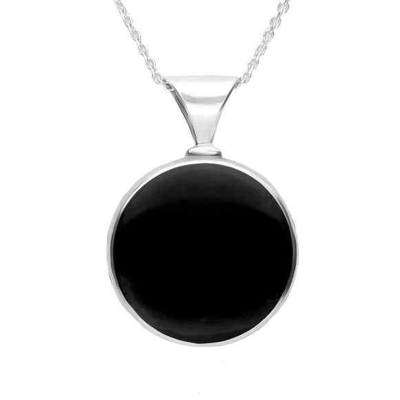 Sterling Silver Whitby Jet Mother of Pearl Round Heavy Fob Necklace, P146.