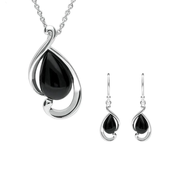 Sterling Silver Whitby Jet Open Fancy Pear Two Piece Set. S035