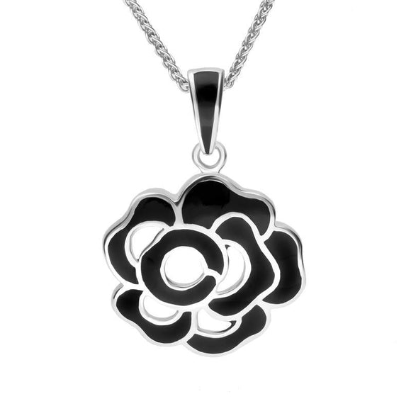 Sterling Silver Whitby Jet Open Rose Necklace. P1274