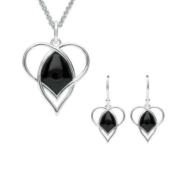 Sterling Silver Whitby Jet Open Twist Heart Two Piece Set. S036