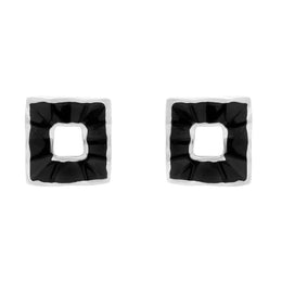 Sterling Silver Whitby Jet Open Wavy Square Stud Earrings. e607. 