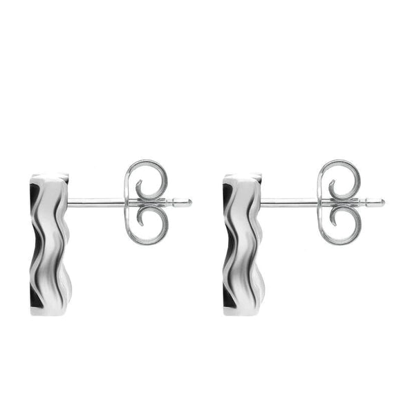Sterling Silver Whitby Jet Open Wavy Square Stud Earrings. e607. 