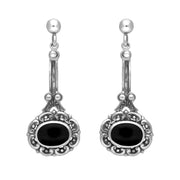 Sterling Silver Whitby Jet Ornate Antique Oval Drop Earrings. E053. 