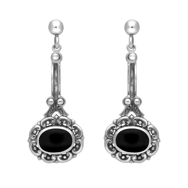 Sterling Silver Whitby Jet Ornate Antique Oval Drop Earrings. E053. 