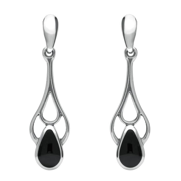 Sterling Silver Whitby Jet Ornate Pear Drop Earrings. E139. 