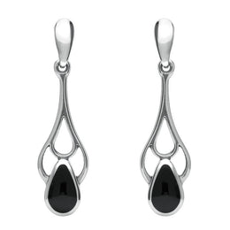 Sterling Silver Whitby Jet Ornate Pear Drop Earrings. E139. 