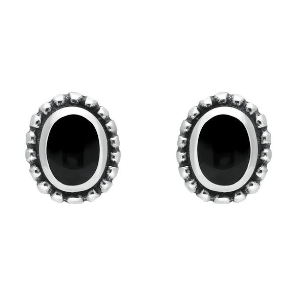 Sterling Silver Whitby Jet Oval Bobble Edge Stud Earrings. E135. 