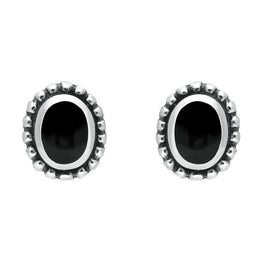 Sterling Silver Whitby Jet Oval Bobble Edge Stud Earrings. E135. 