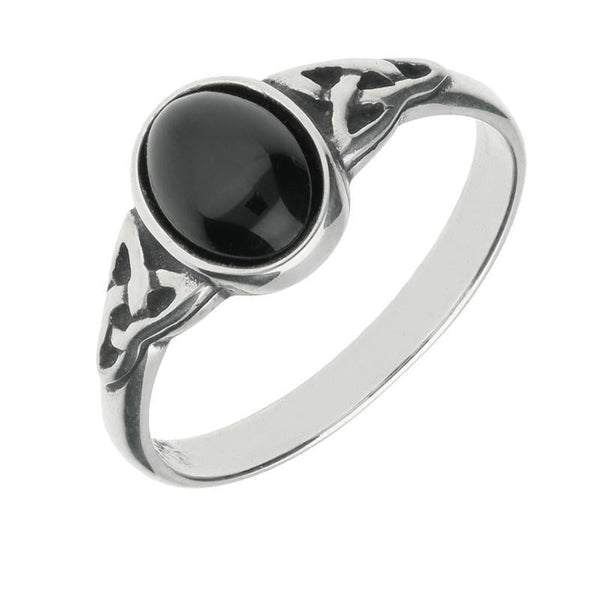 Sterling Silver Whitby Jet Oval Celtic Shoulder Ring R827
