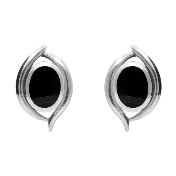 Sterling Silver Whitby Jet Oval Double Fleur Stud Earrings