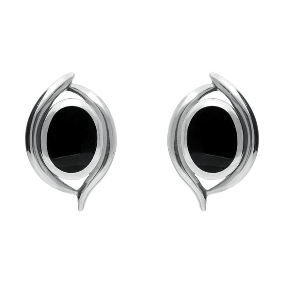 Sterling Silver Whitby Jet Oval Double Fleur Stud Earrings