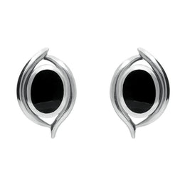 Sterling Silver Whitby Jet Oval Double Fleur Stud Earrings