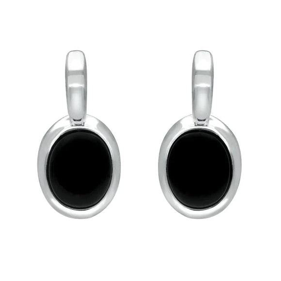 Sterling Silver Whitby Jet Oval Drop Earrings. e2036.
