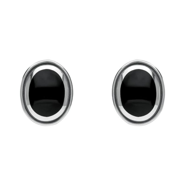 Sterling Silver Whitby Jet Oval Framed Edge Stud Earrings. E178. 
