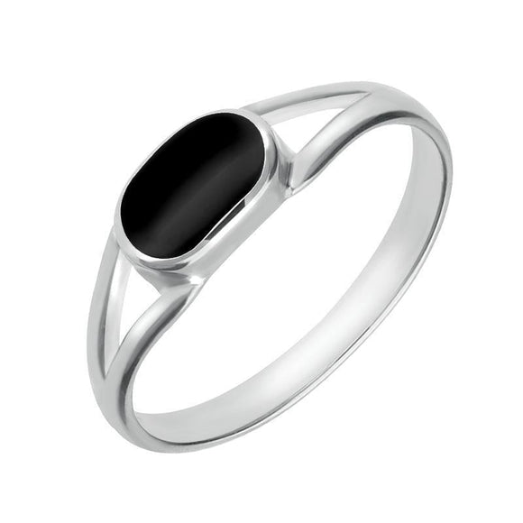 Sterling Silver Whitby Jet Heritage Oval Split Shank Ring, R025.