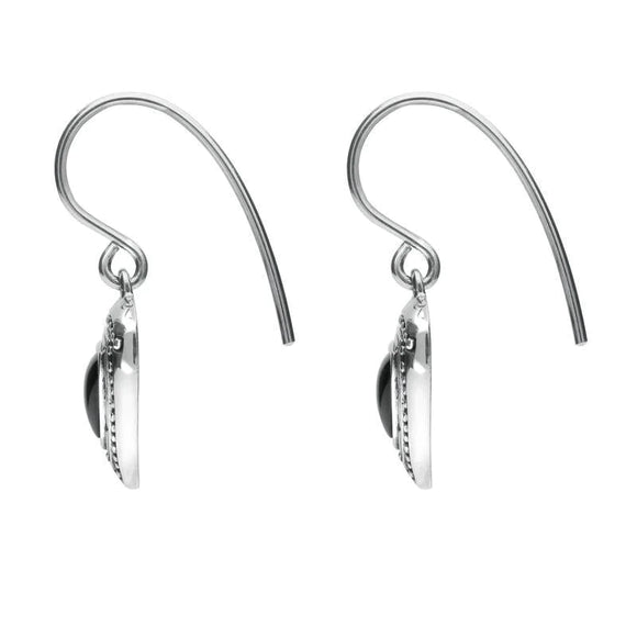 Sterling Silver Whitby Jet Oxidised Shield Drop Earrings. E1915.