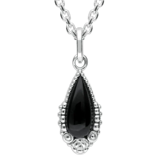 Sterling Silver Whitby Jet Patterned Pear Necklace P2622