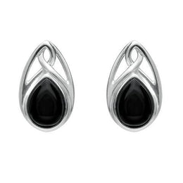 Sterling Silver Whitby Jet Pear Shaped Celtic Stud Earrings. E973.