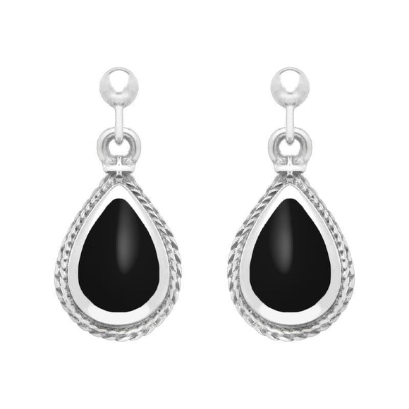 Sterling Silver Whitby Jet Pear Shaped Drop Earrings, E031.