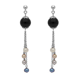 Sterling Silver Whitby Jet Pearl Beaded Tassel Earrings. E1595.