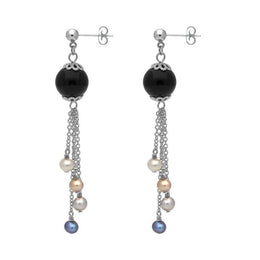 Sterling Silver Whitby Jet Pearl Beaded Tassel Earrings. E1595.