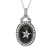 Sterling Silver Whitby Jet Pearl Framed Large Oval Flower Necklace P2219