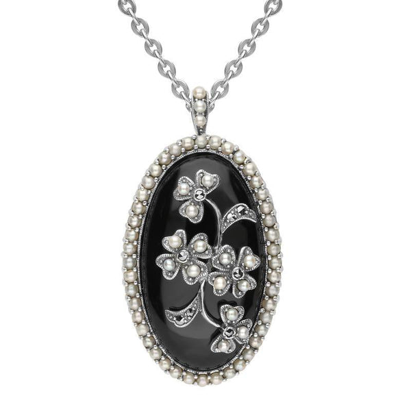 Sterling Silver Whitby Jet Pearl Large Oval Flower Brooch Necklace P2218