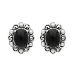 Sterling Silver Whitby Jet Pearl Marcasite Oval Beaded Edge Stud Earrings E1694